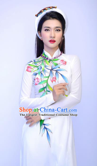 Asian Vietnam Printing Bamboo Flowers Ao Dai Qipao Traditional Vietnamese Cheongsam Costumes Classical White Dress and Pants for Women