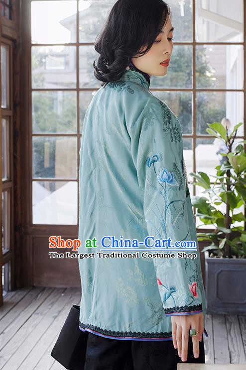 Chinese Traditional Women Blue Cotton Wadded Jacket Embroidered Lotus Coat Winter Outer Garment National Clothing