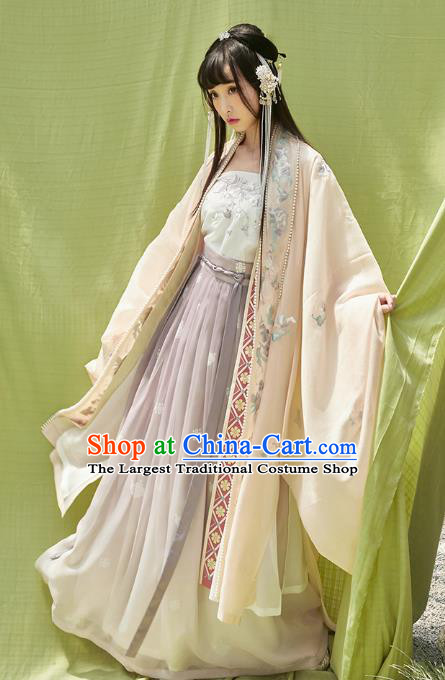 China Ancient Song Dynasty Young Lady Embroidered Costumes Traditional Hanfu Clothing Beige BeiZi Top and Skirt for Women