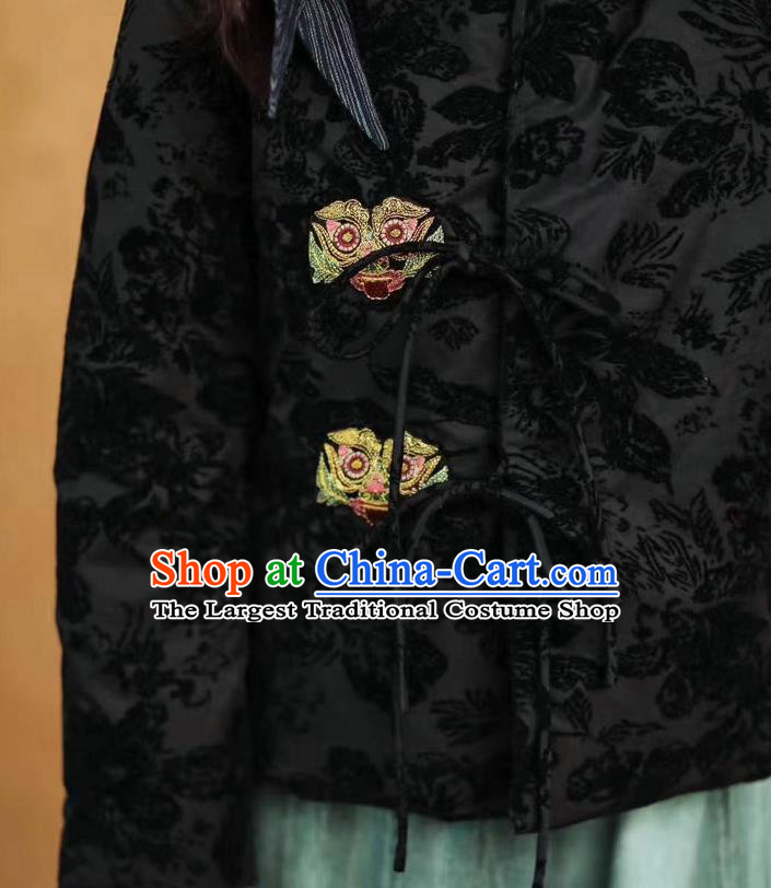 China Tang Suit Outer Garment Costume National Women Winter Jacket Traditional Black Flocking Coat