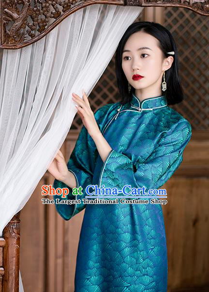 China Traditional Costume Blue Silk Qipao National Women Dress Classical Cheongsam