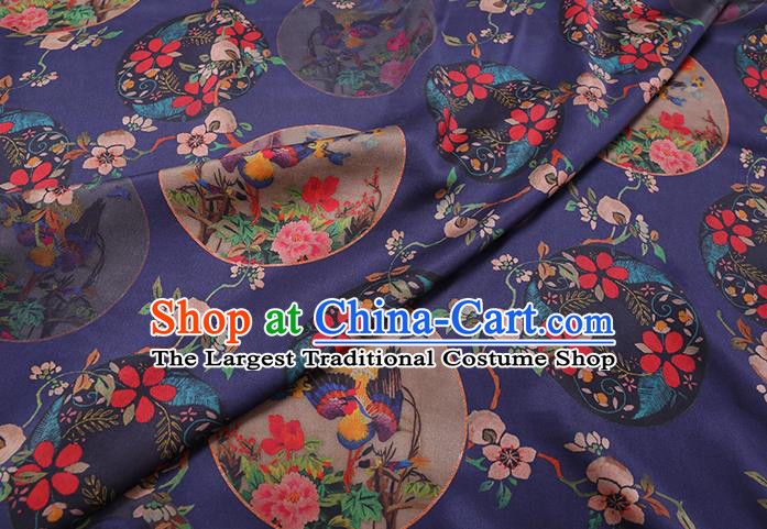Chinese Traditional Satin Cloth Gambiered Guangdong Gauze Cheongsam Fabric Classical Flowers Bird Pattern Navy Blue Silk Drapery