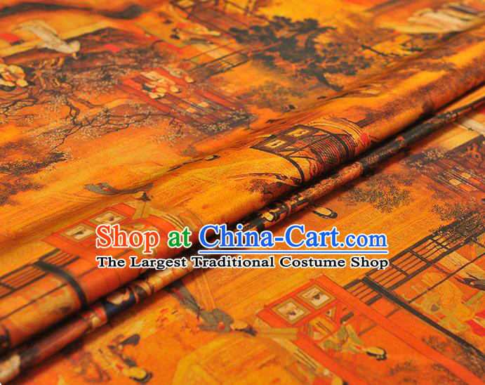 Chinese Classical Palace Beauty Pattern Ginger Gambiered Guangdong Gauze Cheongsam Silk Cloth Traditional Jacquard Satin Fabric