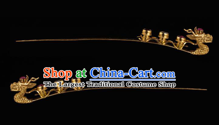 China Traditional Ming Dynasty Hairpin Handmade Hair Accessories Ancient Empress Golden Dragon Hair Stick