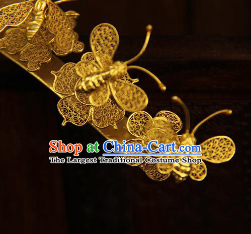 China Traditional Court Hair Crown Ancient Ming Dynasty Golden Butterfly Hairpin Handmade Hair Accessories