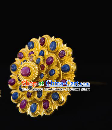 China Handmade Court Golden Hairpin Traditional Ming Dynasty Palace Hair Accessories Ancient Empress Gems Hair Crown