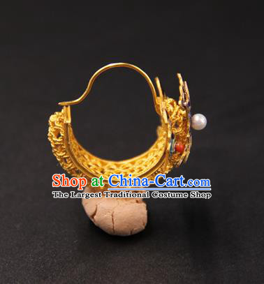 Handmade Chinese Ancient Qing Dynasty Golden Gems Earrings Accessories Traditional Court Cloisonne Ear Jewelry