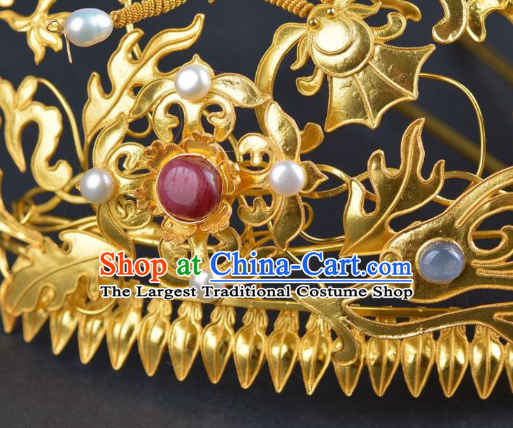 China Traditional Ming Dynasty Jade Flower Hair Crown Handmade Hair Jewelry Ancient Wedding Phoenix Coronet