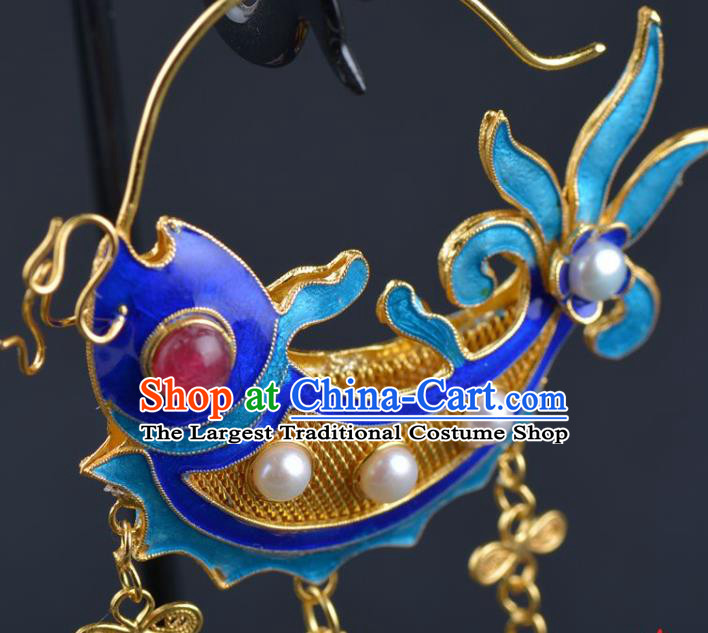 Handmade Chinese Blueing Earrings Traditional Ming Dynasty Court Carp Accessories Ancient Empress Pearls Jewelry