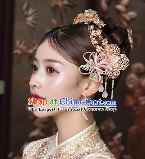 Traditional China Ancient Bride Flowers Hairpins Wedding Hair Ornament Handmade Hair Crown Full Set