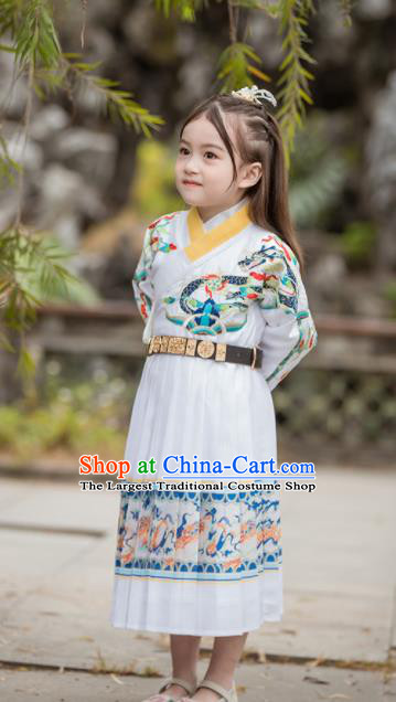 Chinese Traditional Girls Embroidered Costume Ancient Ming Dynasty Swordsman White Hanfu Dress for Kids