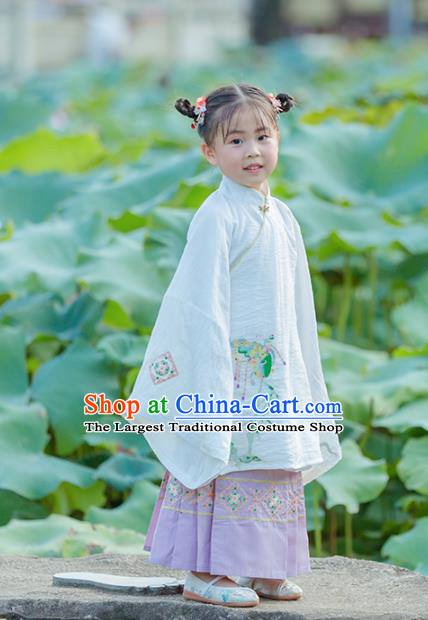 Chinese Traditional Girls Embroidered White Gown and Lilac Skirt Ancient Ming Dynasty Princess Costume for Kids