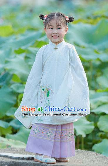 Chinese Traditional Girls Embroidered White Gown and Lilac Skirt Ancient Ming Dynasty Princess Costume for Kids
