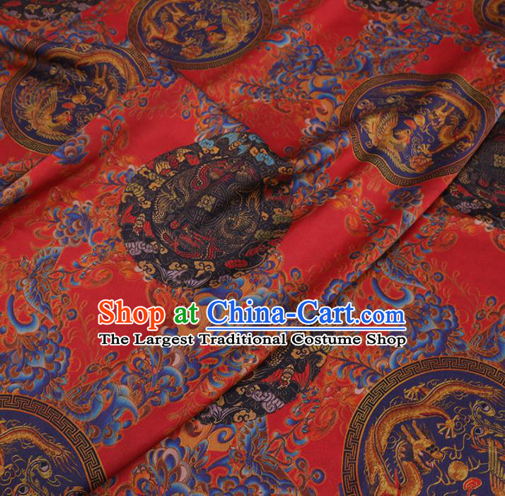 Chinese Classical Printing Dragon Phoenix Pattern Design Red Gambiered Guangdong Gauze Fabric Asian Traditional Cheongsam Silk Material