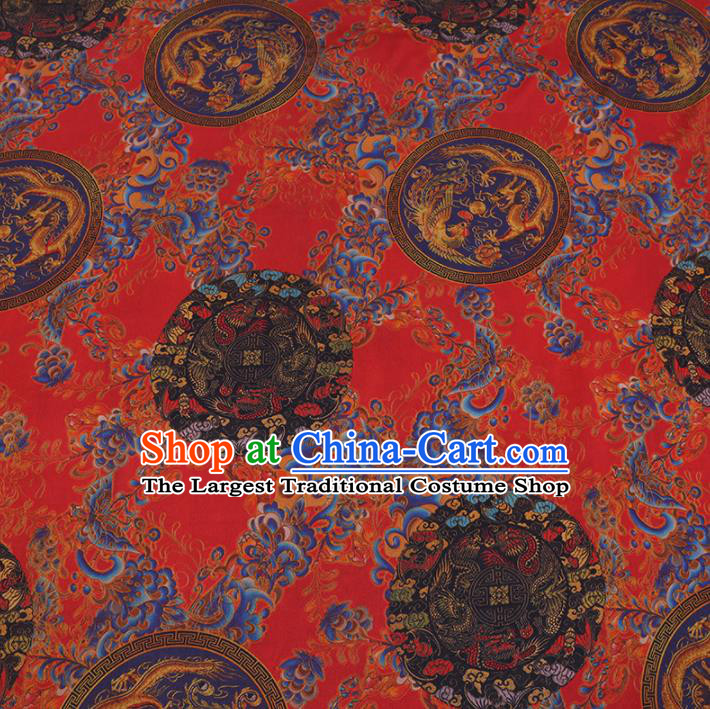 Chinese Classical Printing Dragon Phoenix Pattern Design Red Gambiered Guangdong Gauze Fabric Asian Traditional Cheongsam Silk Material