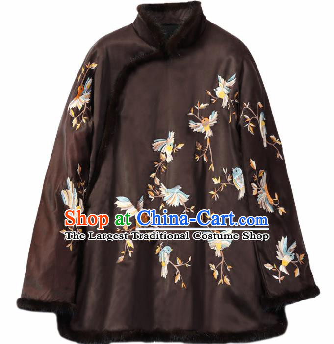 Top Grade Traditional Chinese National Embroidered Brown Cotton Wadded Coat Tang Suit Silk Upper Outer Garment for Women