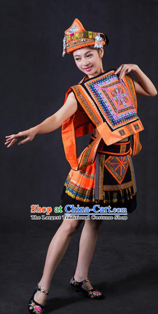 Chinese Traditional Yao Nationality Stage Show Orange Short Dress Ethnic Minority Folk Dance Costume for Women