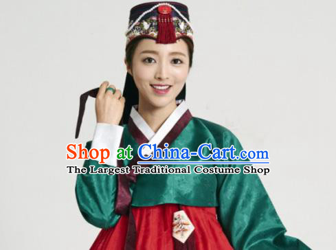 Korean Traditional Bride Garment Hanbok Green Satin Blouse and Red Dress Outfits Asian Korea Fashion Costume for Women