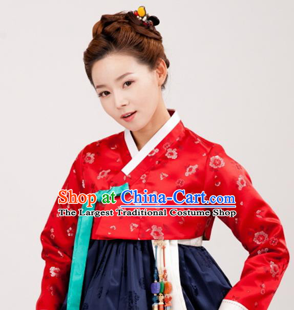 Korean Traditional Bride Court Hanbok Red Satin Blouse and Navy Dress Garment Asian Korea Fashion Costume for Women