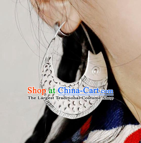 Chinese Traditional National Silver Carving Fish Earrings Handmade Ear Accessories for Women