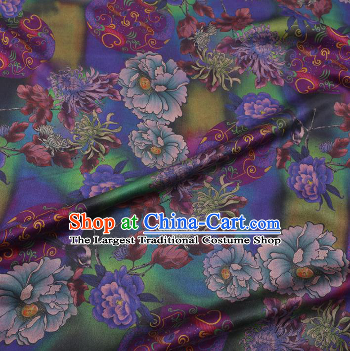 Chinese Cheongsam Classical Camellia Chrysanthemum Pattern Design Green Watered Gauze Fabric Asian Traditional Silk Material
