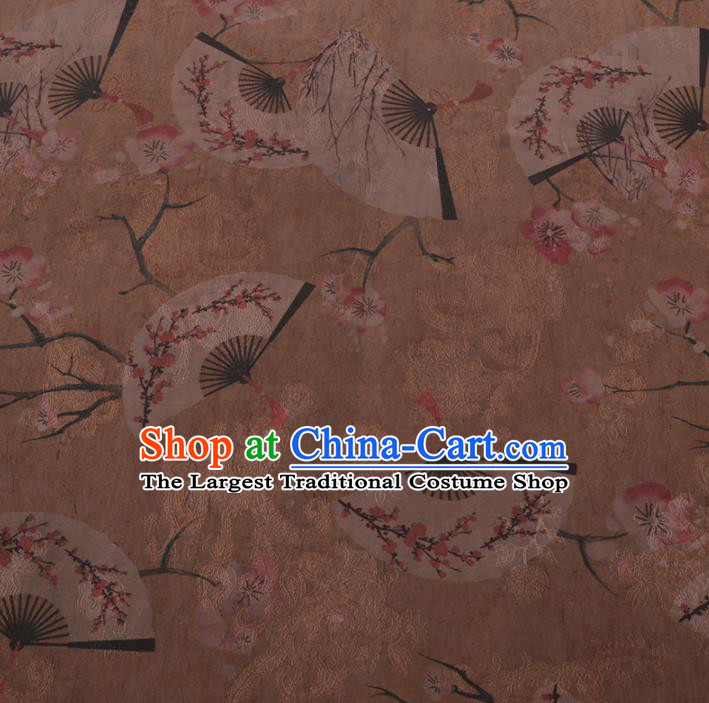 Chinese Cheongsam Classical Plum Fan Pattern Design Khaki Watered Gauze Fabric Asian Traditional Silk Material
