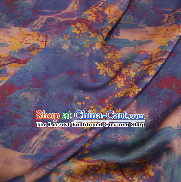 Chinese Cheongsam Classical Landscape Pattern Design Blue Watered Gauze Fabric Asian Traditional Silk Material