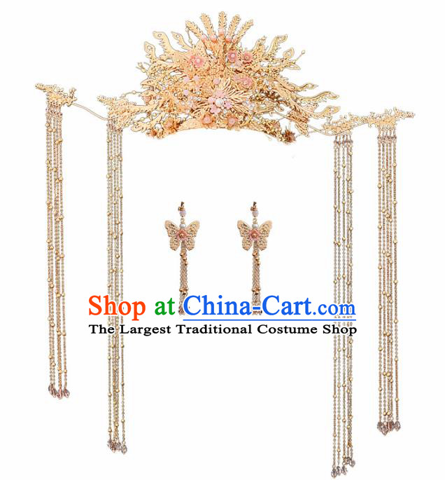 Chinese Traditional Wedding Pink Phoenix Hair Crown Handmade Bride Hair Accessories for Women