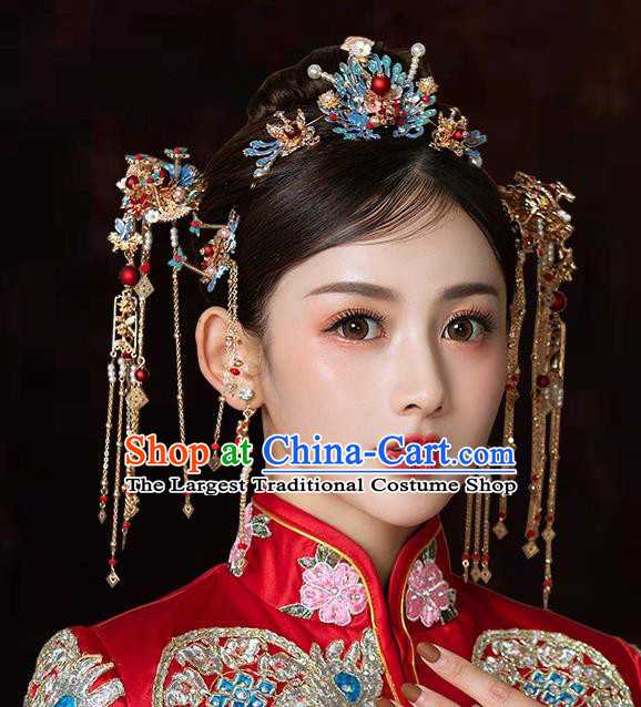 Chinese Traditional Wedding Cloisonne Tassel Hair Crown Hairpins Handmade Bride Hair Accessories for Women