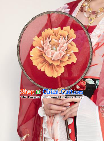 Traditional Chinese Hanfu Wedding Red Fans Handmade Ancient Princess Embroidered Peony Palace Fan for Women