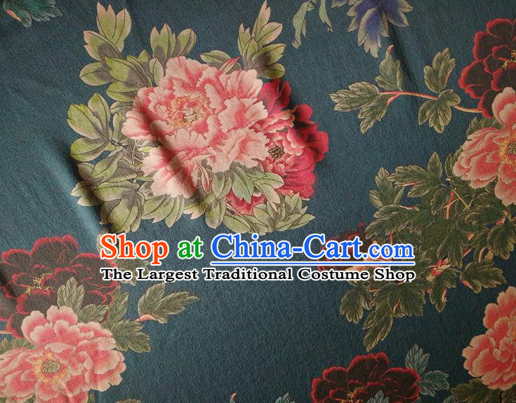 Chinese Traditional Peony Pattern Deep Blue Silk Fabric Mulberry Silk Fabric Hanfu Dress Material