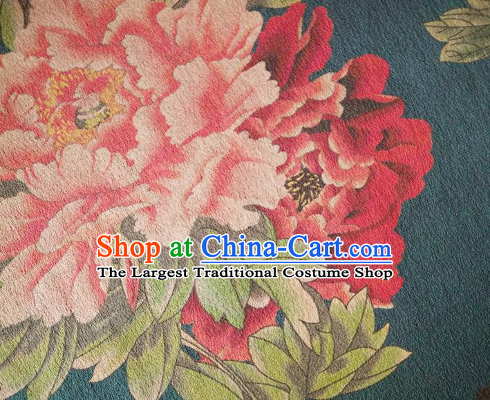 Chinese Traditional Peony Pattern Deep Blue Silk Fabric Mulberry Silk Fabric Hanfu Dress Material