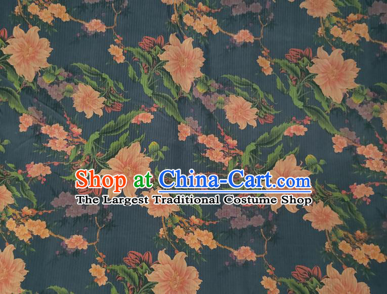Chinese Traditional Plum Peony Pattern Navy Silk Fabric Mulberry Silk Fabric Hanfu Dress Material
