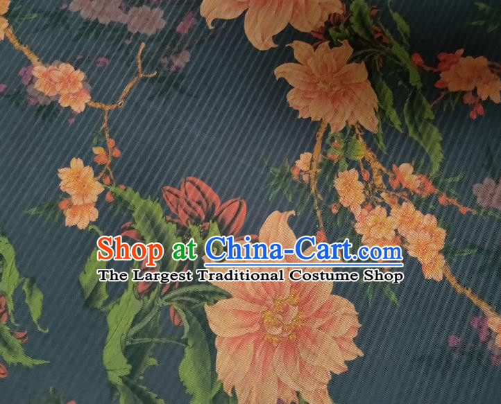 Chinese Traditional Plum Peony Pattern Navy Silk Fabric Mulberry Silk Fabric Hanfu Dress Material