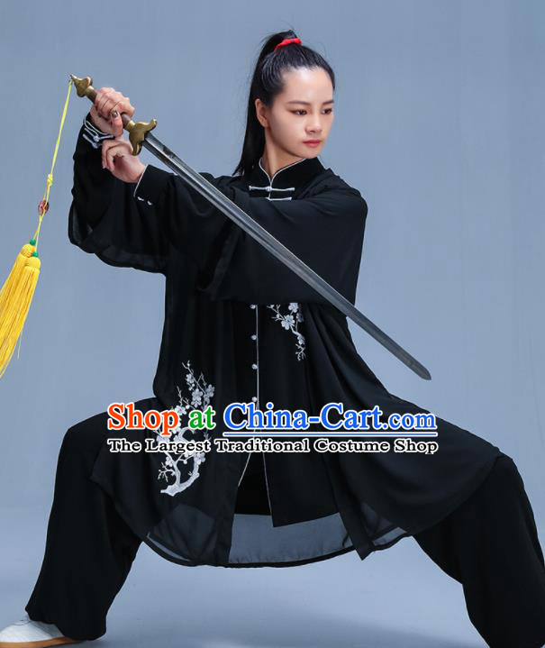 Chinese Traditional Kung Fu Embroidered Plum Blossom Black Garment Outfits Martial Arts Stage Show Costumes for Women