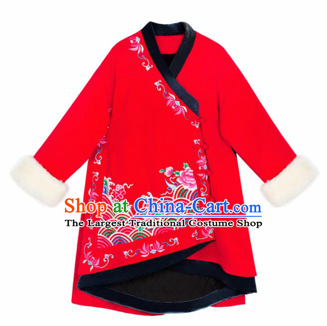 Chinese Traditional Embroidered Peony Red Cotton Padded Coat National Overcoat Costumes for Women