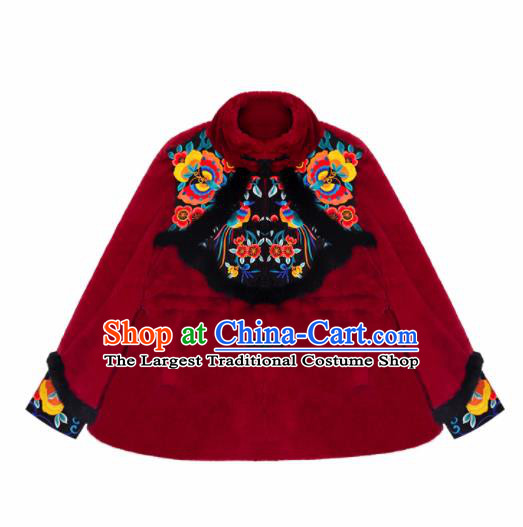 Chinese Traditional Embroidered Red Imitation Fur Jacket National Overcoat Costumes for Women