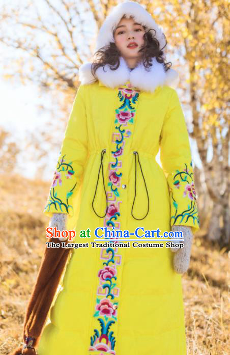 Chinese Traditional Embroidered Yellow Down Coat National Overcoat Costumes for Women
