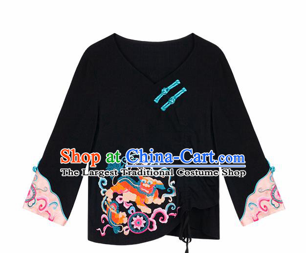 Chinese Tang Suit Embroidered Lion Black Shirt Upper Outer Garment Traditional Tai Chi Costume for Women