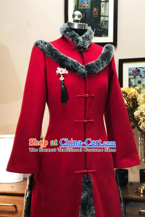 Chinese Traditional Winter Red Woolen Coat National Tang Suit Overcoat Costumes for Women