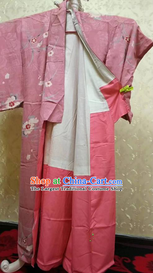 Traditional Japan Geisha Printing Plum Blossom Pink Furisode Kimono Asian Japanese Fashion Apparel Costume for Women
