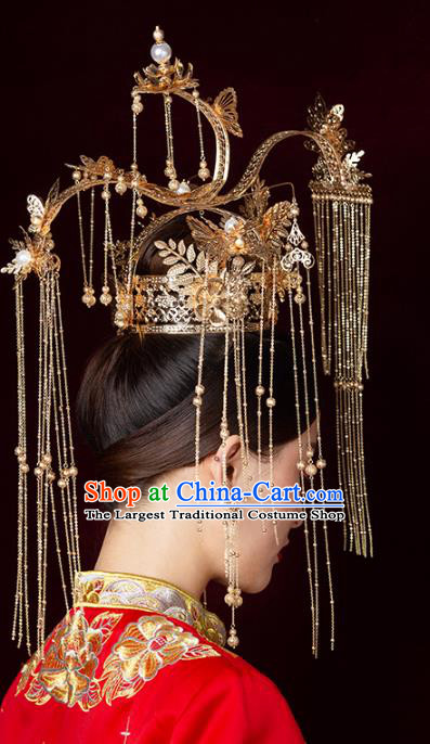 Chinese Wedding Deluxe Headdress Golden Phoenix Coronet Traditional Ancient Bride Hair Accessories for Women