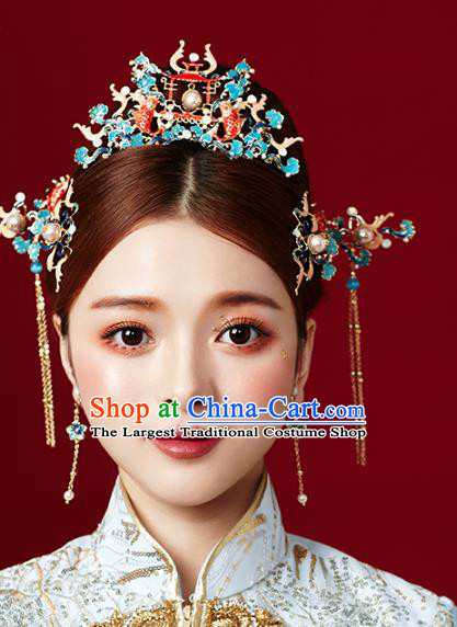 Chinese Ancient Hanfu Carps Hair Combs and Tassel Hairpins Traditional Bride Hair Accessories for Women