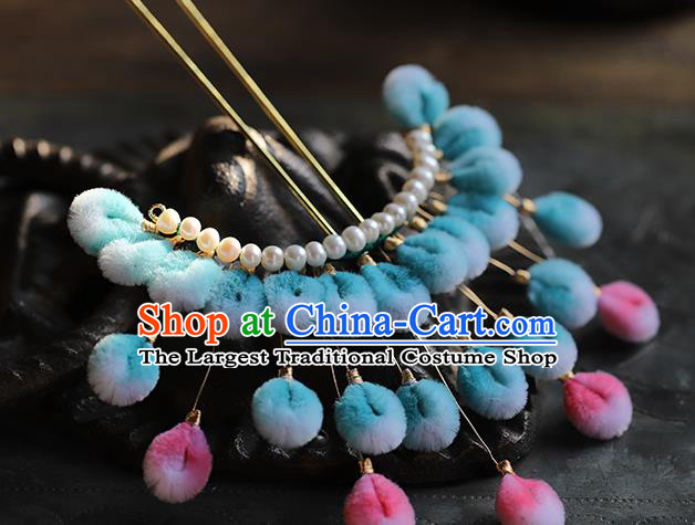 Traditional Chinese Handmade Blue Velvet Hairpins Headdress Ancient Hanfu Hair Accessories for Women