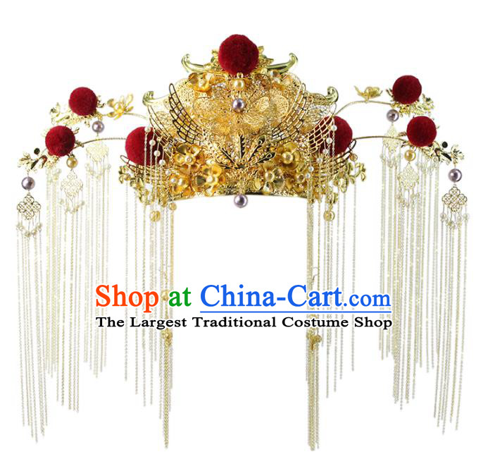 Traditional Chinese Golden Butterfly Phoenix Coronet Hairpins Headdress Ancient Wedding Hair Accessories for Women