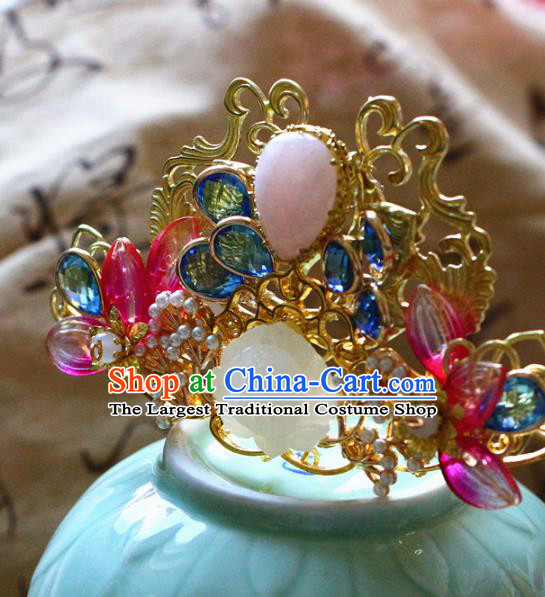 Traditional Chinese Ming Dynasty White Jade Lotus Hairpins Headdress Ancient Court Hair Accessories for Women