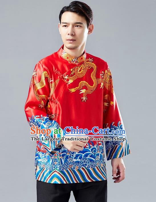 Top Chinese Tang Suit Printing Dragon Red Jacket Traditional Tai Chi Kung Fu Overcoat Costume for Men