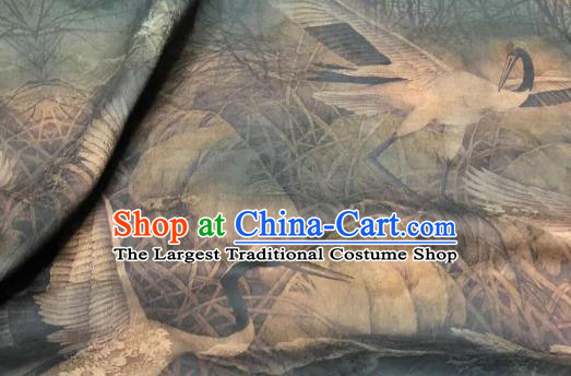 Chinese Traditional Crane Design Pattern Deep Green Silk Fabric Cheongsam Gambiered Guangdong Gauze Drapery