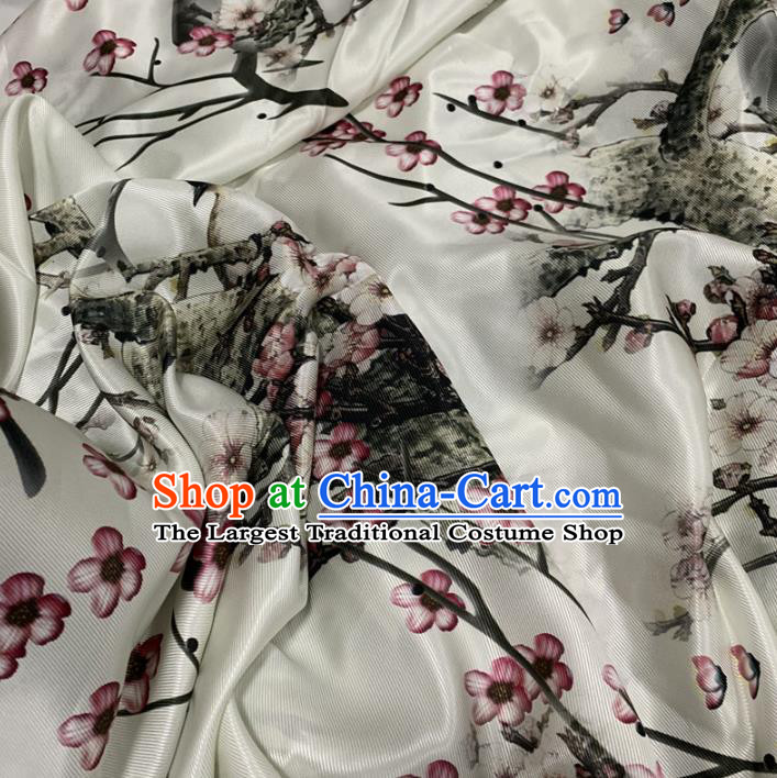 Chinese Traditional Plum Blossom Design Pattern White Silk Fabric Cheongsam Mulberry Silk Drapery
