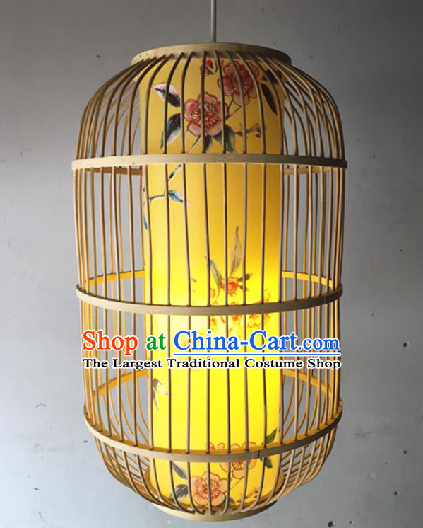 Traditional Chinese Printing Peach Blossom Yellow Hanging Lanterns Handmade Lantern Bamboo Art Scaldfish Lamp